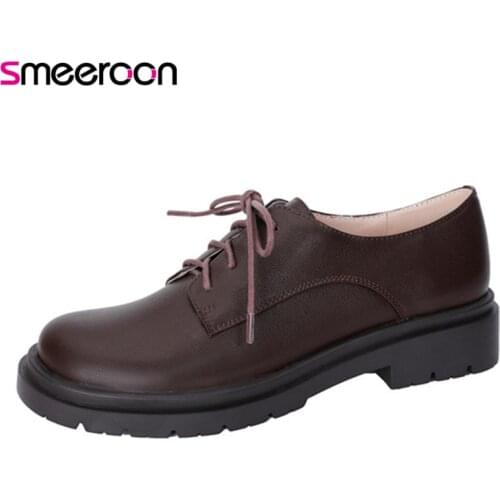 Smeeroon Top Quality Flat Shoes Women Genuine Leather Shoes Loafers Round Toe Lace Up Comfortable Classic Casual Shoes Woman