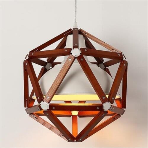Modern Industrial Loft Wooden Polyhedron Metal Led Pendant Light for Foyer Dining Room Bar Illuminare Hanging Lamp Dia 35cm 2357
