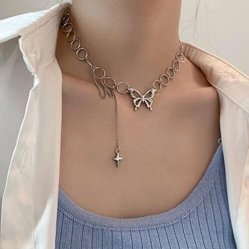 U-Magical Street Style Titanium Steel Chunky Chain Chokers Necklace for Women Fashion Butterfly Cross Pendant Necklaces Jewelry