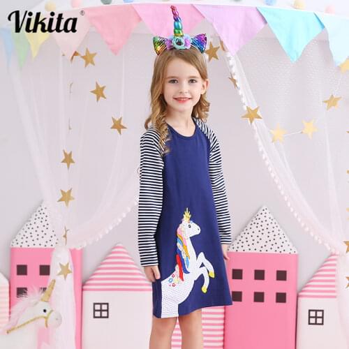 VIKITA Kids Dresses for Girls Unicorn Vestidos Autumn Spring Children Costume Animal Appliqued Cotton Dress Girl Casual Clothes