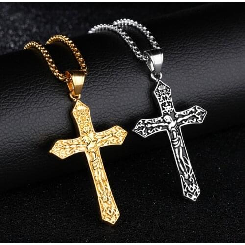 Vintage Necklace Jesus Christ Crucifix Mens Necklace Gold Cross Religious Pendant Necklace With Chain Around The Neck Jewelery