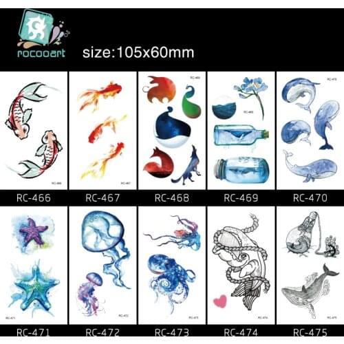 Rocooart RC466-475 Blue Ocean Waterproof Temporary Tattoo Sticker Dancing Fish Taty For Hand Tatuagem Drift Bottle Fake Tattoo