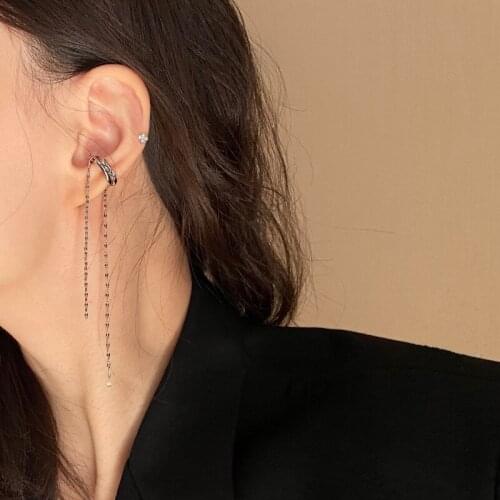 VSnow Minimalist Metallic C Shape Long Tassel Chain Clip Earrings for Women Girl Textured Gold Silver Color Open Earring Jewelry