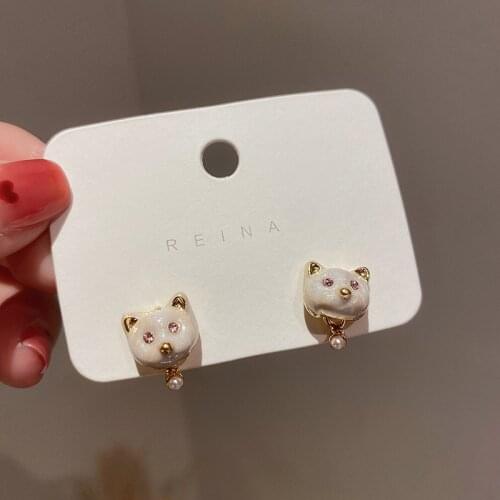 VSnow Korean Cute Animal Cat Pearl Stud Earrings Dor Women Girls Japanese Balck White Earrings Holiday Fashion Jewelry Wholesale