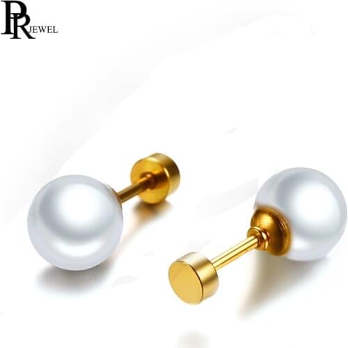 Elegant Round White Simulated Pearl Stud Earrings for Women Gold Tone 316L Stainless Steel Earring Date Birthday Party Jewelry