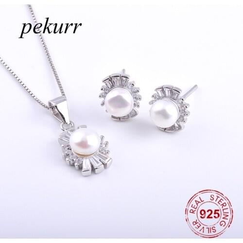 Pekurr 925 Sterling Silver Mini Zircon Snowflake Freshwater Natural Pearl Earrings Necklace Sets For Women Pendants Jewelry