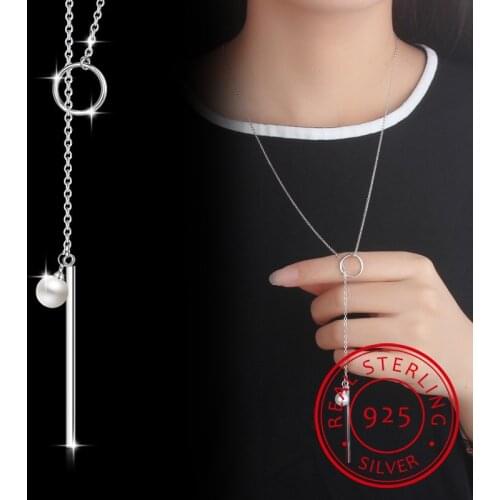 925 Sterling Silver Jewelry Pearl Circle Strip Long Chain Pendants&Necklaces For Women collares S-N49