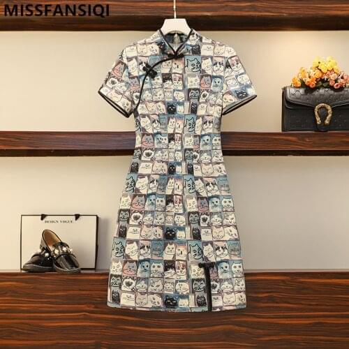 Chinese Cheongsam Retro Style 2021 Summer Dress For Women Short Sleeves Cartoon Cat Print A-Line Split Elegant Female Dresses