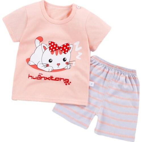 ZWY977 Toddler Baby Clothes Baby Boy Girl Shortsleeve T shirt Children Cotton Tops Cartoon Print Short Pants 2PCS Outfit Set