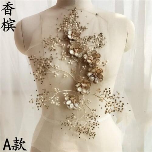 1 Piece Embroidered Lace Applique 3D Flower Pearls Fabric DIY Clothes Sewing Craft Lace Trim Decoration Champagne Smoke Gray