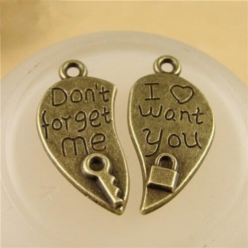 50Sets/lot I want you Don't forget me Letter Charms 26*24MM Key and Lock Heart Charms Friendship Jewelry Making Pendant
