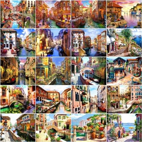 HUACAN 5D DIY Diamond Painting Landscape Town Venice Diamond Embroidery Bridge Full Square Mosaic Rhinestone House Home Decor