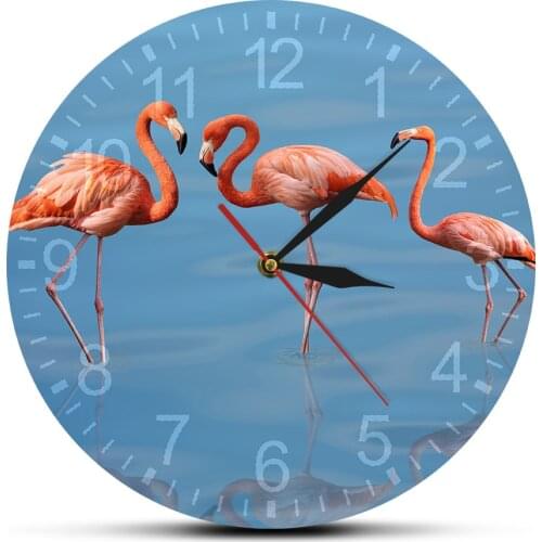 Pink Flamingo Birds Blue Sea Modern Wall Clock Summer Flamingo Home Art Decor Non-Ticking Clock for Living Room Kitchen Bedroom