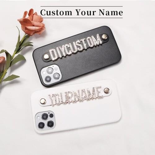 Custom Name PU Leather Cowhide Phone Case Shell For iPhone 11 12Pro Mini Max X XR XS 7 8Plus Diamond Metal Letters Cover Coque