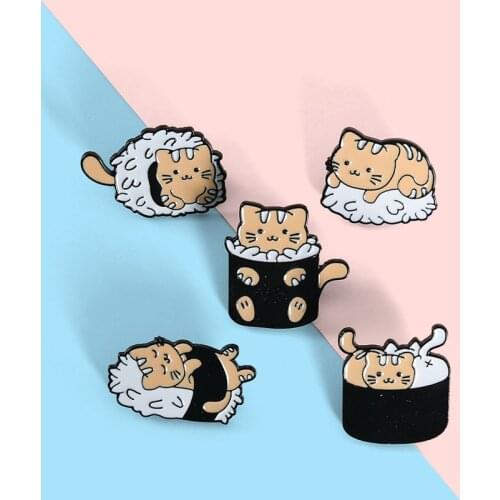 Cartoon Cute Animal Cat Enamel Brooch Black Pillow Sushi Alloy Pins Fun Badge Fashion Woman Jewelry Temperament Gift For Friends