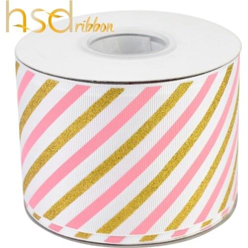 HSDRibbon custom 75MM 3 inch Twill series Pink ink with Gold Glitter on White Grosgrain Ribbon