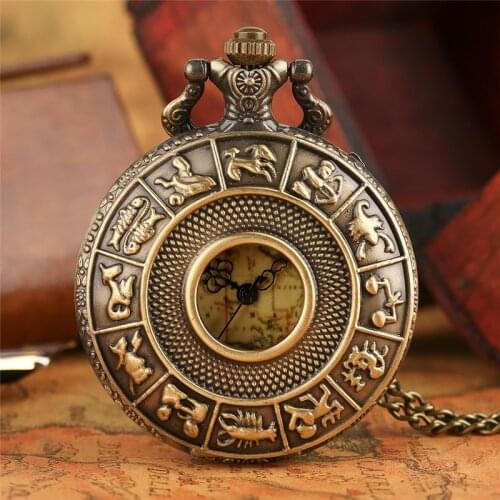 Retro Bronze Zodiac Constellation Case Hollow Necklace Pocket Watch Modern Australia Map Pendant Fashion FOB Chain Jewelry Clock