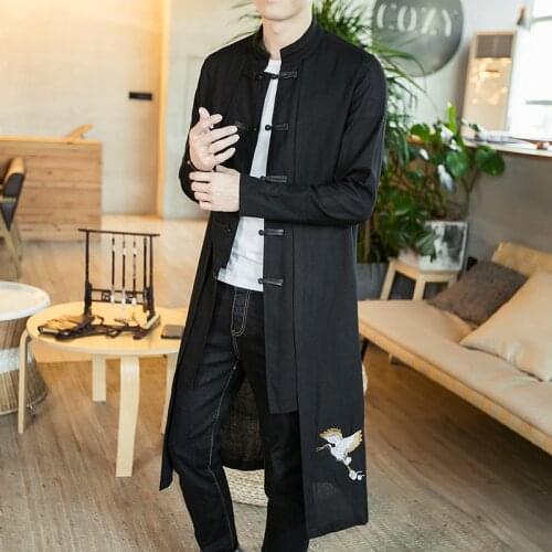 JDDTON New Mens Linen Embroidery Crane Coat Kimono Vintage Long Gown Jacket Chinese Style Loose Male National Streetwear JE502