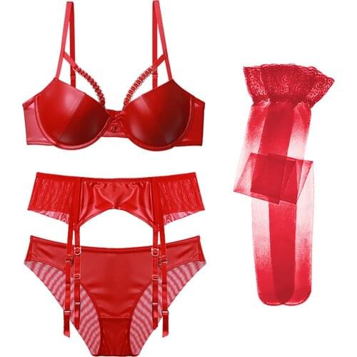 Varsmiss Women faux smooth leather goth sexy thick padded bra set underwear 4 piece bra+panties+garter+lace stockings