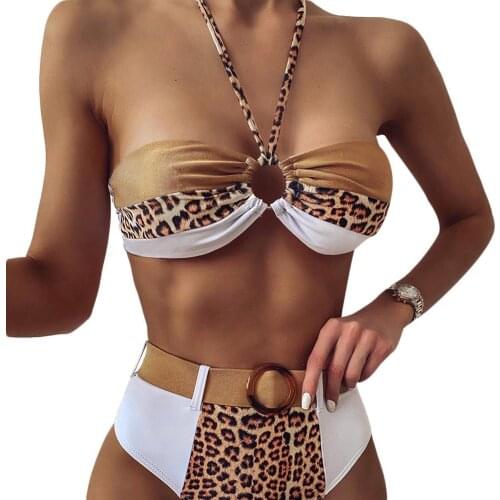 Summer bikini swimwear Women Sexy Leopard Swimsuit Halter Bra High Waist Ring Buckle Briefs Bikini Set купальники женские 2021