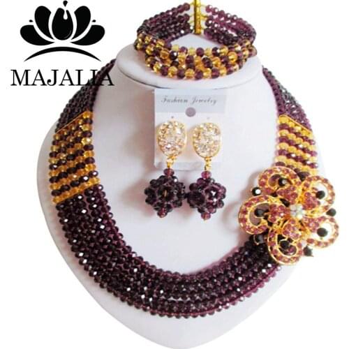 Trendy nigerian wedding african bead Dark Purple nigerian wedding african beads jewelry set Crystal Free shipping Majalia-501