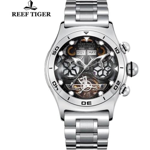 Reef Tiger/RT Sport Watch For Men Skeleton Automatic Mechanical Watch Luminous Hands Year Month Date Day Steel Bracelet Watches