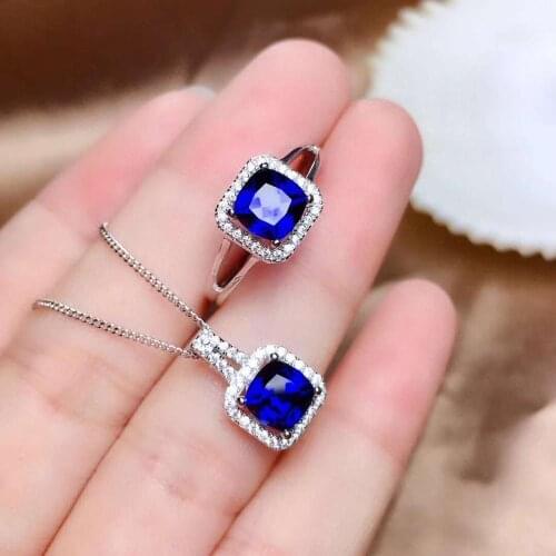 Real Natural Sapphire jewelry set Natural Real Sapphire 925 sterling silver 1pc pendant,1pc ring
