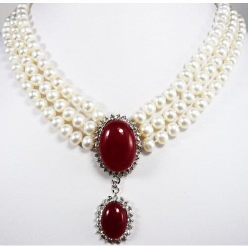 Wholesales Jewelry Christmas Beautiful 3 rows White pearl red jades pendant necklace