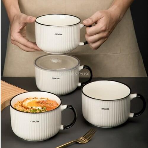 Simple Design Ceramic Instant Noodle Bowl with Lid Japanese-style Instant Noodle Cup Canteen Lunch Box for Student Dormitory