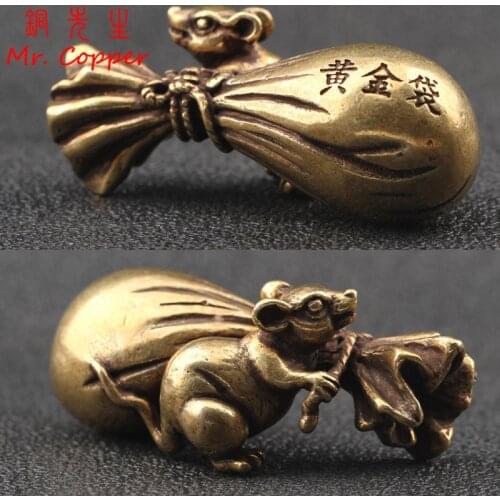Antique Bronze Zodiac Little Mouse Big Gold Money Bag Figurines 2020 New Year Design Pure Copper Lucky Rat Feng Shui Ornaments