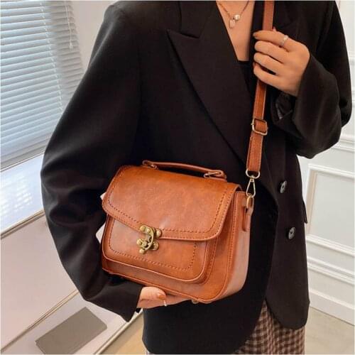Retro Stylish Black Womens Shoulder Handbag PU Leather Autumn Fashion Evening Messenger Bags Purses Brown Crossbody Square Bag