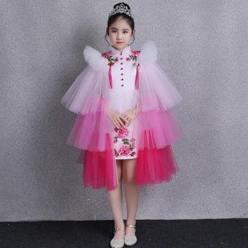 Girls Evening Dress Children Cheongsam Wear Detachable Stand-up Collar Short Model Catwalk Costumes Chinese Style Princess Dress