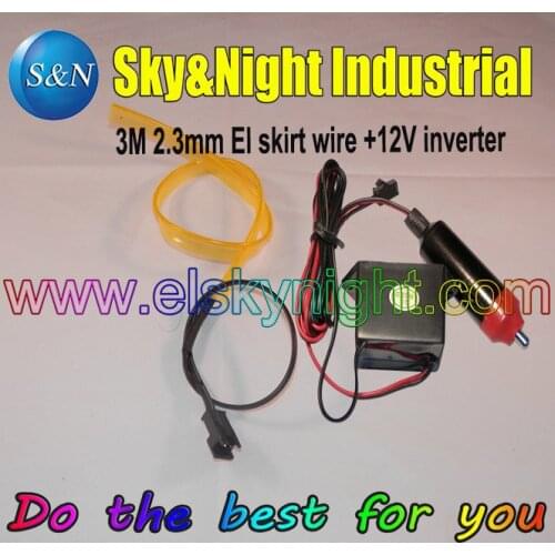 High quality 2.3mm EL Skirt Wire 3M+12V Waterproof Inverter with Cigar lighter (on/Off)-YELLOW