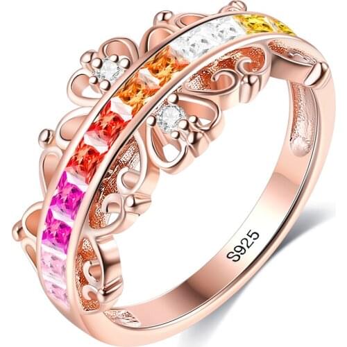 ZEMIOR S925 Sterling Silver Rainbow Rings For Women Cubic Zirconia Crown Pattern Simple Trendy Engagement Rings Fine Jewelry