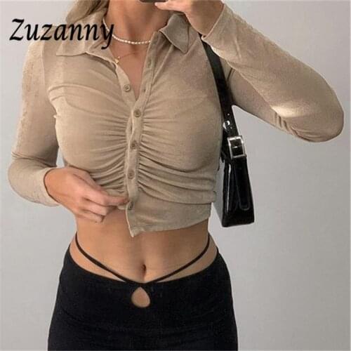 Zuzanny Button Up Ruched Shirts Tops Women Solid Long Sleeve Crop Top Skinny Casual Vintage Slim Turn-down Collar T Shirt