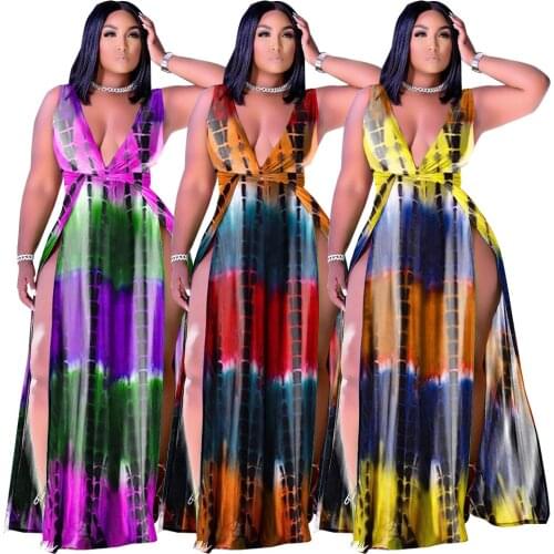 Pluz Size Sexy High Split Long Dress Women Summer Breathable Dresses with Sashes Oversized V Neck Club Party Wear Clothing S-5XL