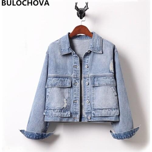 Drop Shipping Women Long Sleeve Hole Cowboy Short Jacket Coat 2020 Spring Summer Womens Plus Size Denim Coats Clothes XL-5XL