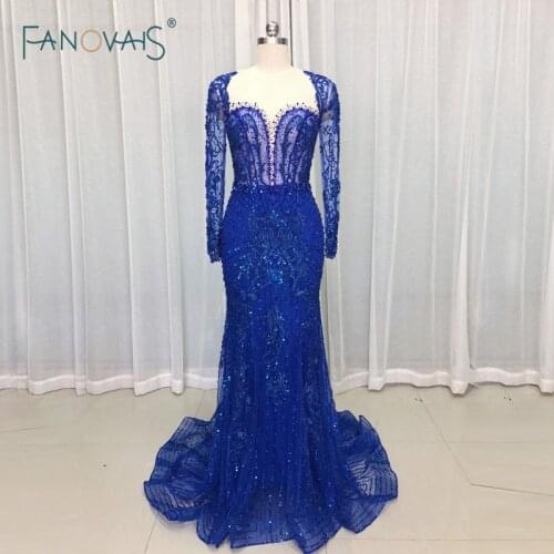 Royal Blue Evening Dresses Long Sleeves Merimad Evening Gown 2019 Prom Dress Luxury Beaded Party Gown Vestido de Fiesta NE36