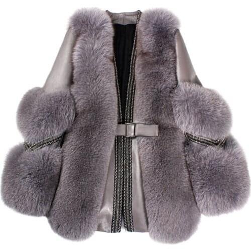 2020 New Arrival Winter Womens Middle Long Warm Fashion luxury Real Fox Fur Coat Genuine Leather Sleeve Overcoat