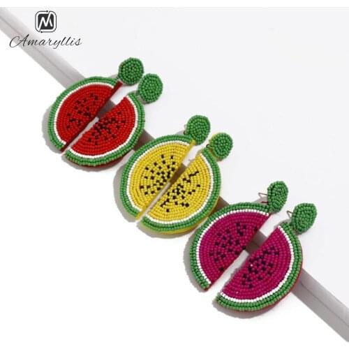 Amaiyllis Handmade Seedbeads Statement Stud Earrings For Women Cute Fruit Pendant Post Earrings Watermelon Lemon Earrings Brinco