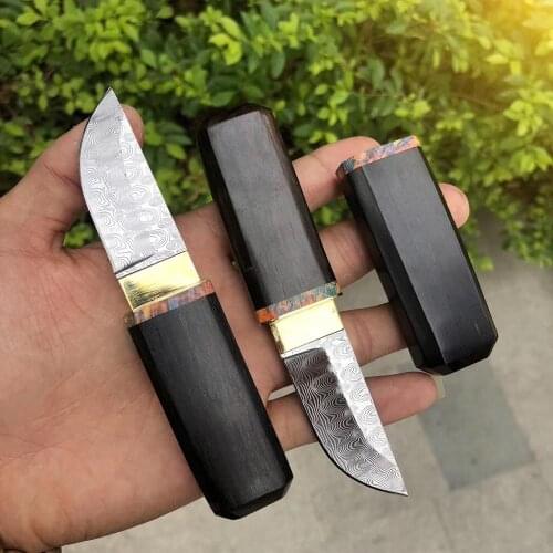 Mini gift Black Damascus steel straight blade, Japanese ebony hilt outdoor hunting tactics straight blade with scabbard