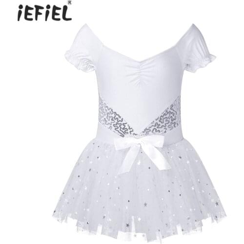 Kids Girls Shiny Sequins Short Sleeves Ballet Tutu Dress Dance Gymnastics Leotard Dress Ballerina Princess Fairy Party Costumes