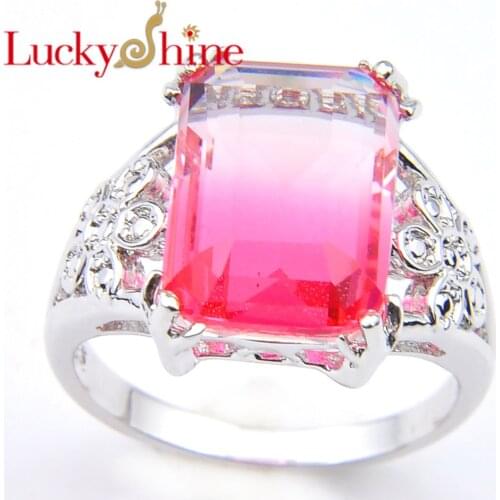 LuckyShien High Quality Jewelry Rectangle Lovely Style BI-COLORED Tourmaline 925 Silver Wedding Ring Size 7.8.9