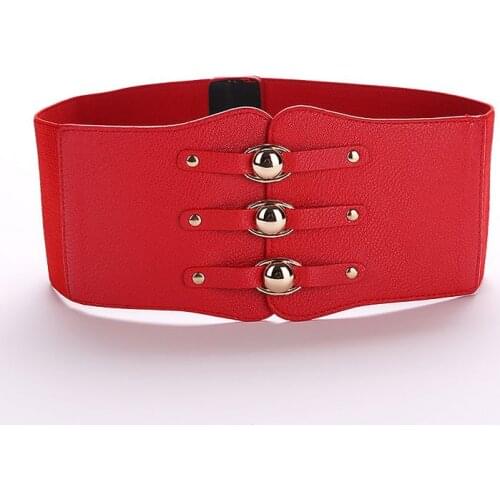 Fashion Women Stretch Elastic Belt Vintage Gold Wide Bandage Waistband PU Leather Black Waistbands Corset Red Cummerbunds Dress