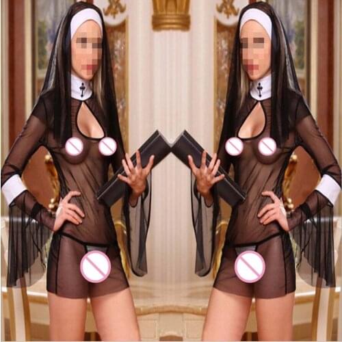 2015 New Sexy Costume Women Cosplay Nuns Uniform Transparent Sexy Lingerie Exotic Nun Halloween Costumes Dress Outfit Clothing