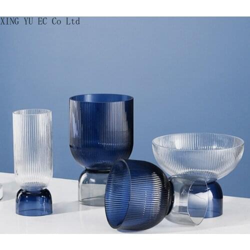 Transparent Dried Flower Glass Blue Vase Living Room Creative Fruit Tray Decoration Countertop Vase Home Decoration Accessories
