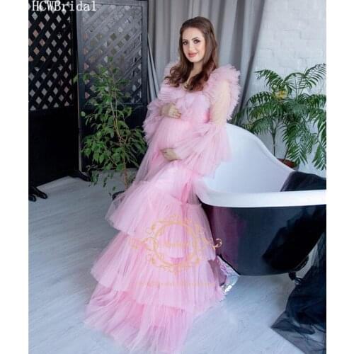 Dusty Pink Ruffles Tulle Long Sleeves Pregnant Women Evening Dress A Line Tiered Plus Size Women Prom Gowns Robe De Soiree