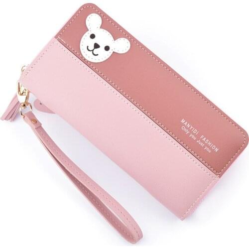 Luxury Womens Leather Splicing Long Zipper Tassel Wallet Female Cartoon Bear Coin Purse Clutch Bag Patchwork Credit Card Holder