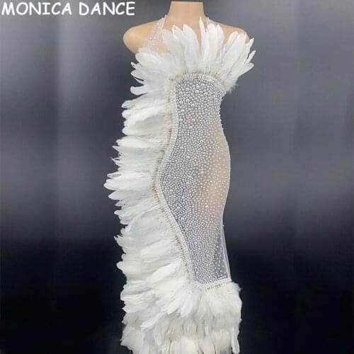 Sexy Stage Outfits Off Shoulder Celebrate Dress Women Stage Wear Feather Solid Color Evening Party Dress Sleeveless Maxi Dress