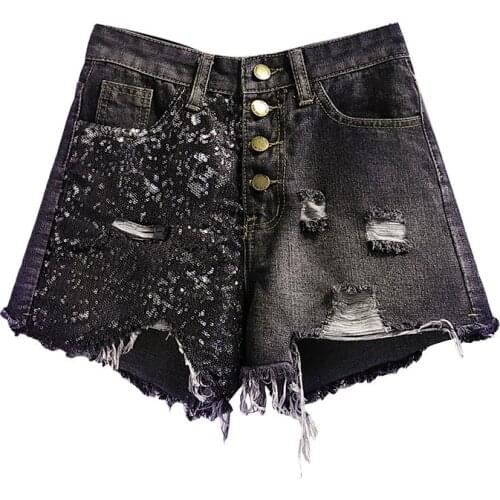 CHIC Ins Burr Ripped Hole Jeans Wide Leg Pants Summer New Europe Hot Sexy Sequins Denim Shorts Jean Plus Size S XXL 5XL
